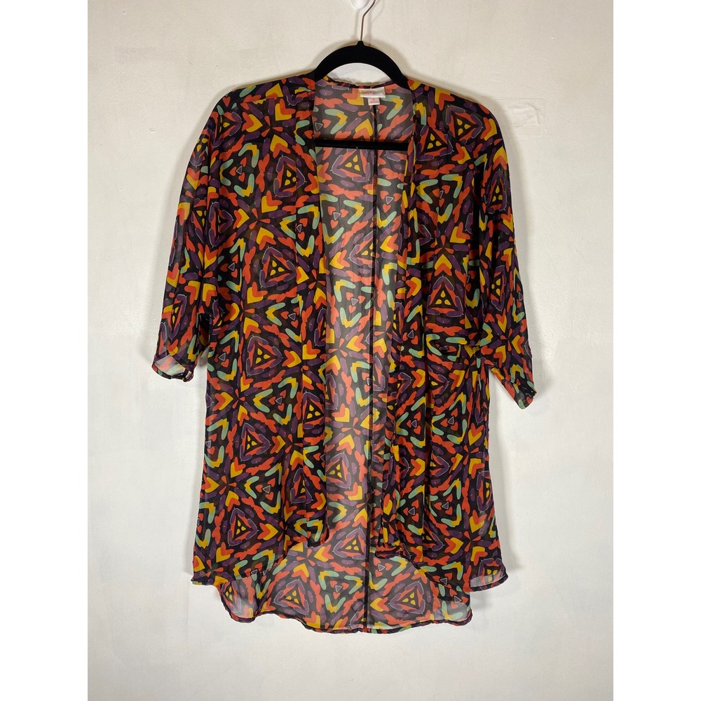 LuLaRoe Shirley Kimono S Sheer Geometric Heart Kaleidoscope Open Front Duster